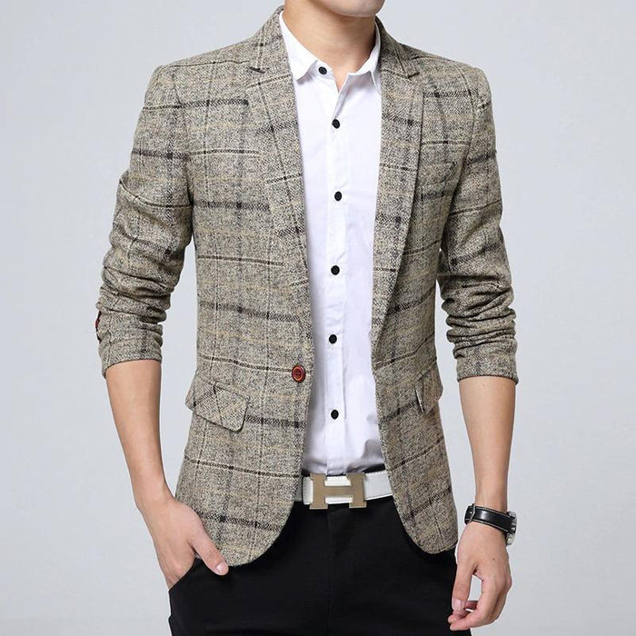 Men's Khaki Plaid Tweed Blazer